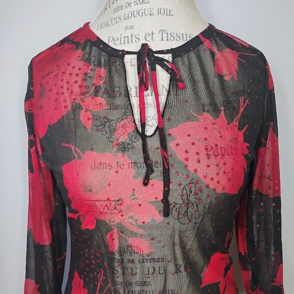 Vintage A Byer Y2K Sheer Floral Top Black Red Glitter Whimsigoth Size Medium - Picture 2 of 9